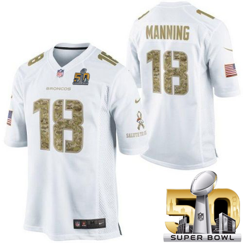 Nike Broncos #18 Peyton Manning White Super Bowl 50 Men's Stitched NFL Limited Salute to Service Jersey - Click Image to Close